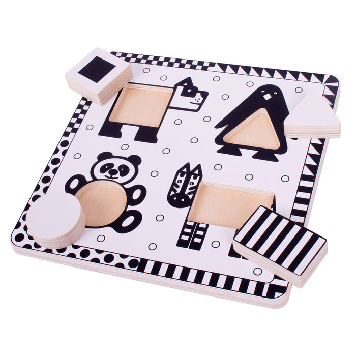 E-shop Bigjigs Toys Vkladacie puzzle - Zvieratká, čiernobiele tvary