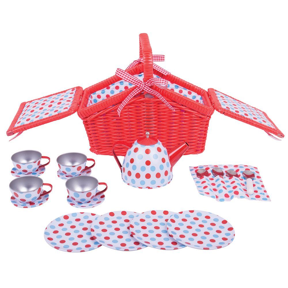 E-shop Bigjigs Toys Čajová bodkovaná sada v piknikovom koši