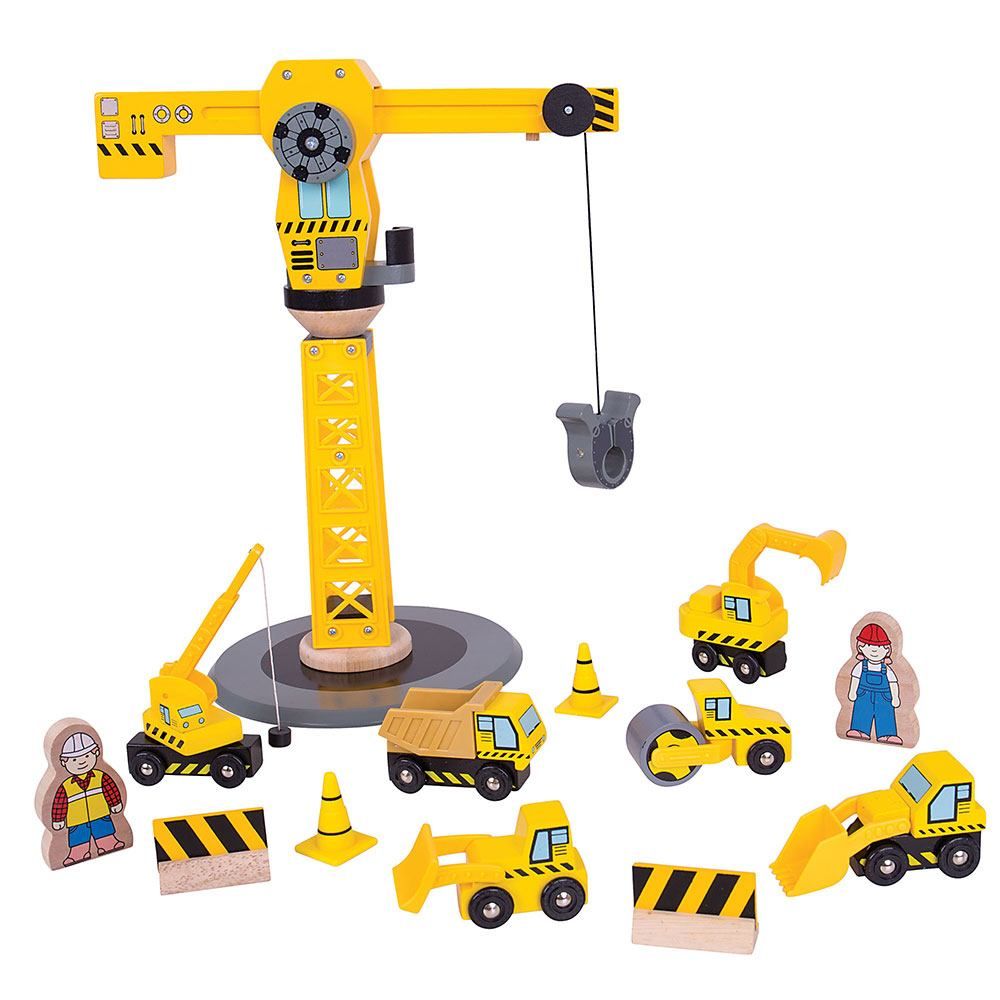E-shop Bigjigs Rail Drevené vláčiky - Žeriav a stavebné stroje