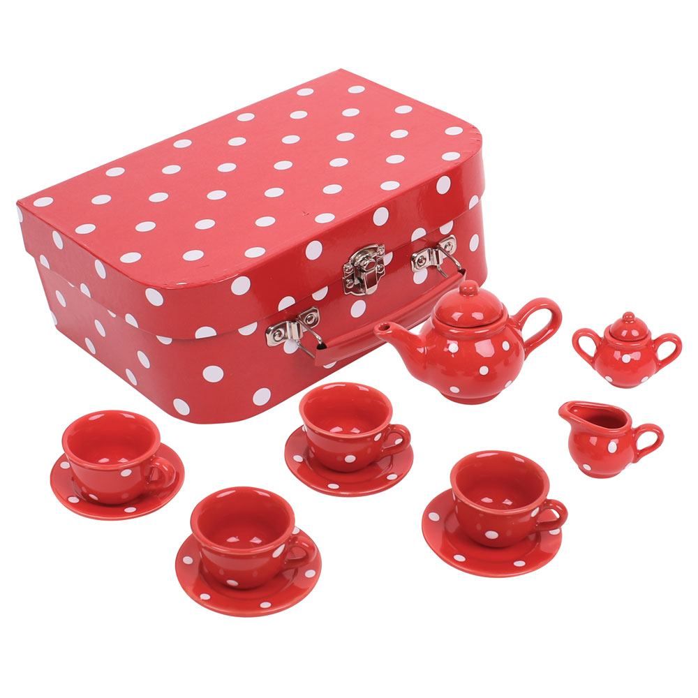 E-shop Bigjigs Toys Červený bodkovaný porcelánový čajový set