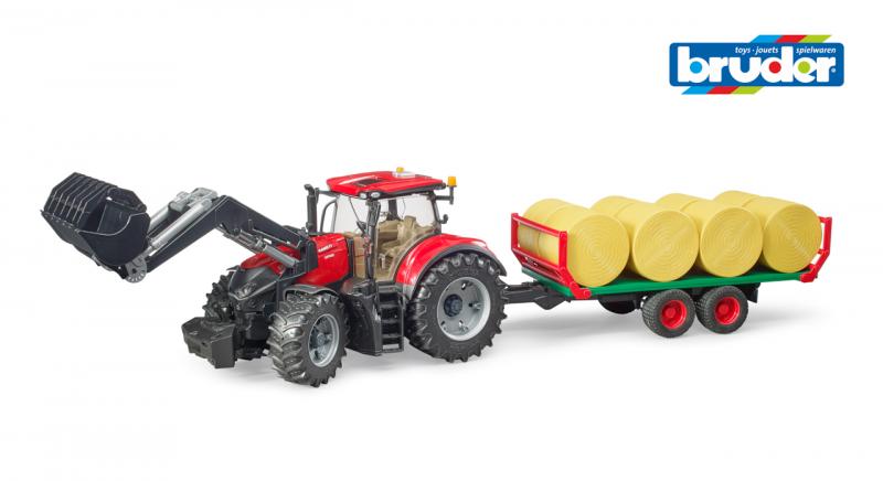 Bruder 3198 Traktor s predným nakladačom, vlekom a 8 balíkmi sena