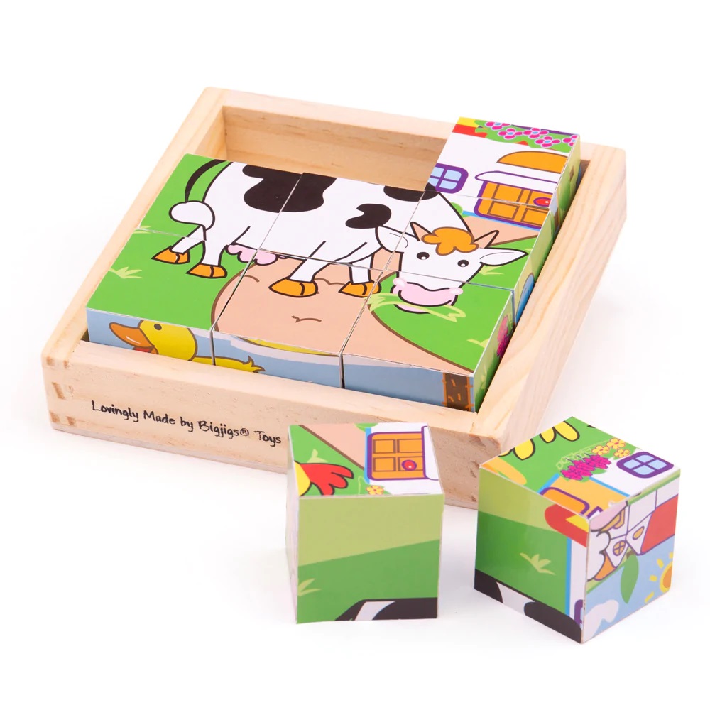 E-shop Bigjigs Toys Drevené obrázkové kocky kubusy - Zvieratká 9 kociek