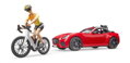 Bruder 3485 Kabriolet červený s bicyklom a cyklistom, 2 hračky pre deti