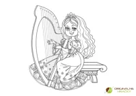 Princezná hrajúca na harfe - omaľovanka na vytlačenie