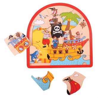 Bigjigs Toys Drevené viacvrstvové puzzle Pirátska loď