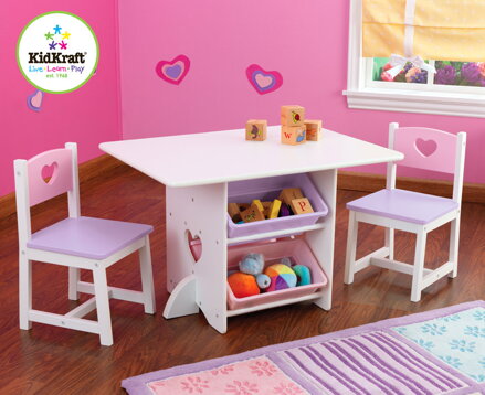 KidKraft detský stôl Heart s dvoma stoličkami a boxmi