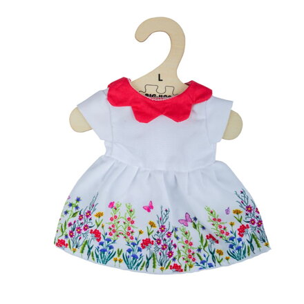 Bigjigs Toys Biele kvetinové šaty s červeným golierom pre bábiku 38 cm