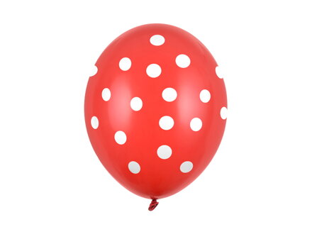 Balóny 30 cm, Bodky biele, pastelová červená: 6 ks
