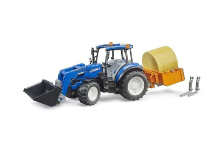 Bruder 2187 Traktor New Holland T5.120 s čelným nakladačom, korbou, vidlami a okrúhlym balíkom