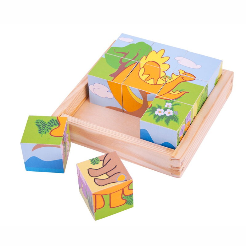 Bigjigs Toys Drevené obrázkové kocky kubusy - Dinosaury 9 kociek Bigjigs Toys Drevené obrázkové kocky kubusy - Dinosaury 9 kociek