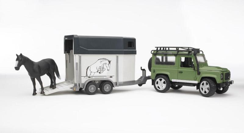 Bruder 2592 Land Rover s prívesom na prepravu koní vrátane 1 koňa