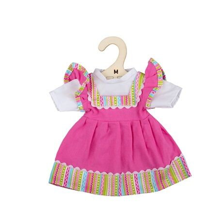 Bigjigs Toys Ružové šaty s pruhovaným lemovaním pre bábiku 34 cm