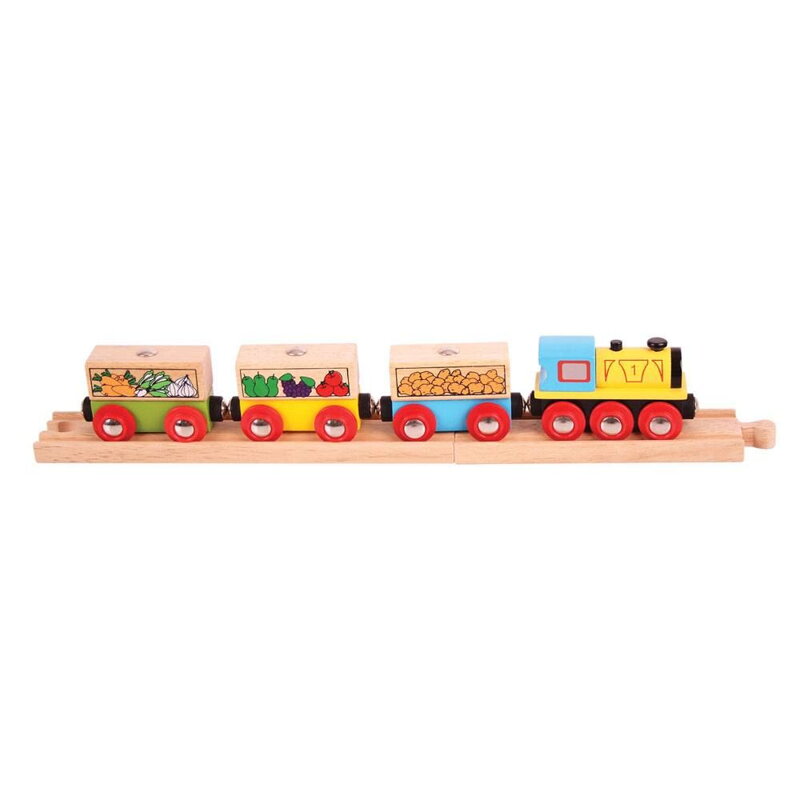 Bigjigs Rail Drevené vláčiky - Nákladný vlak s ovocím a zeleninou