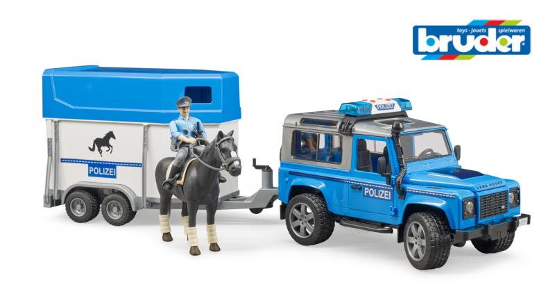 Bruder 2588 Policajný Land Rover s prívesom, koňom a policajtom
