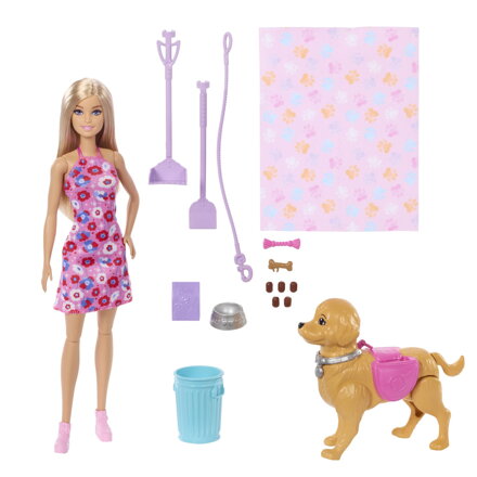 Barbie bábika so psíkom na prechádzke