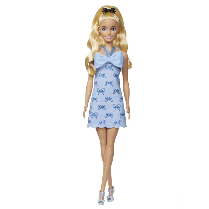 Barbie modelka - šaty s modrými mašlami
