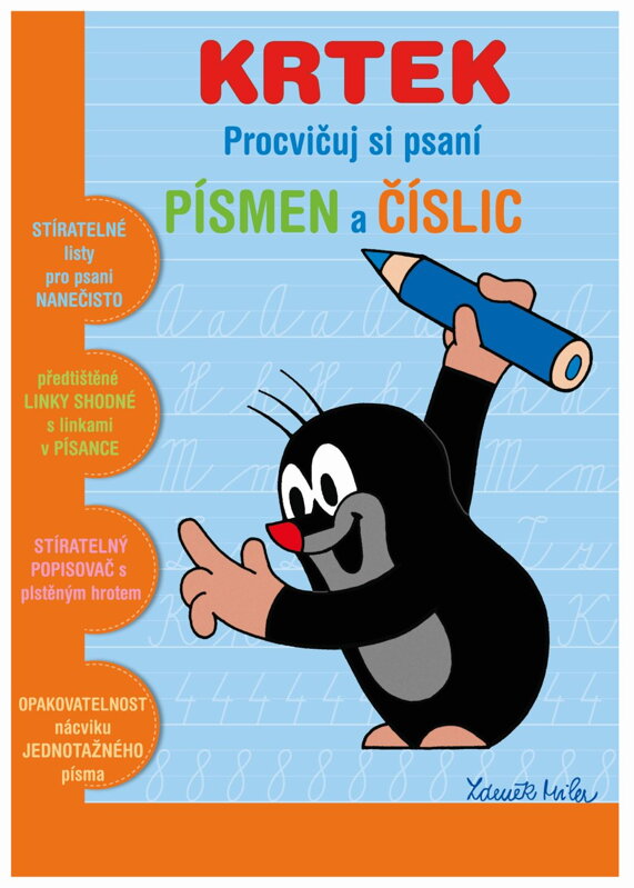 Stieratelný zošit "Precvičuj si písmena a číslice"+ stieratelný popisovač - Krtko 2