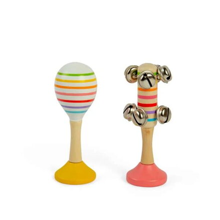Bigjigs Toys Súprava Rumba guľa žltá a rolničky ružové