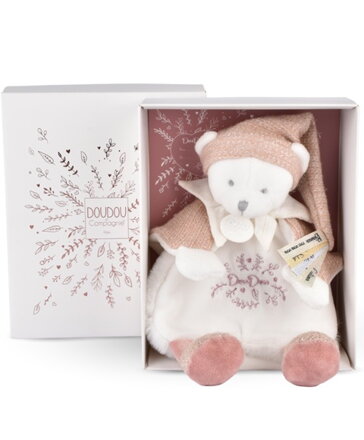 Doudou Darčeková sada Plyšový muchláčik medvedík s čiapočkou ružový 25 cm