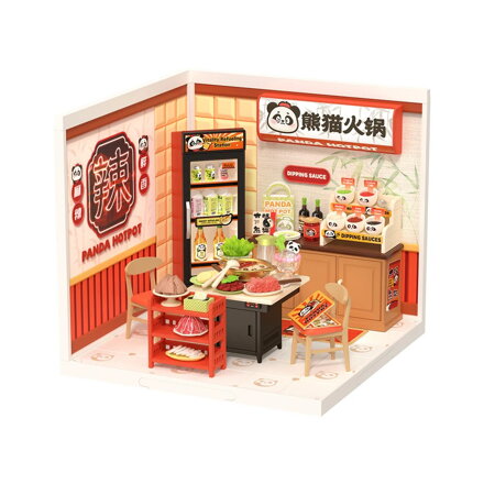 RoboTime 3D drevená skladačka Miniatúra domčeka Ázijské bistro Panda Hot Pot