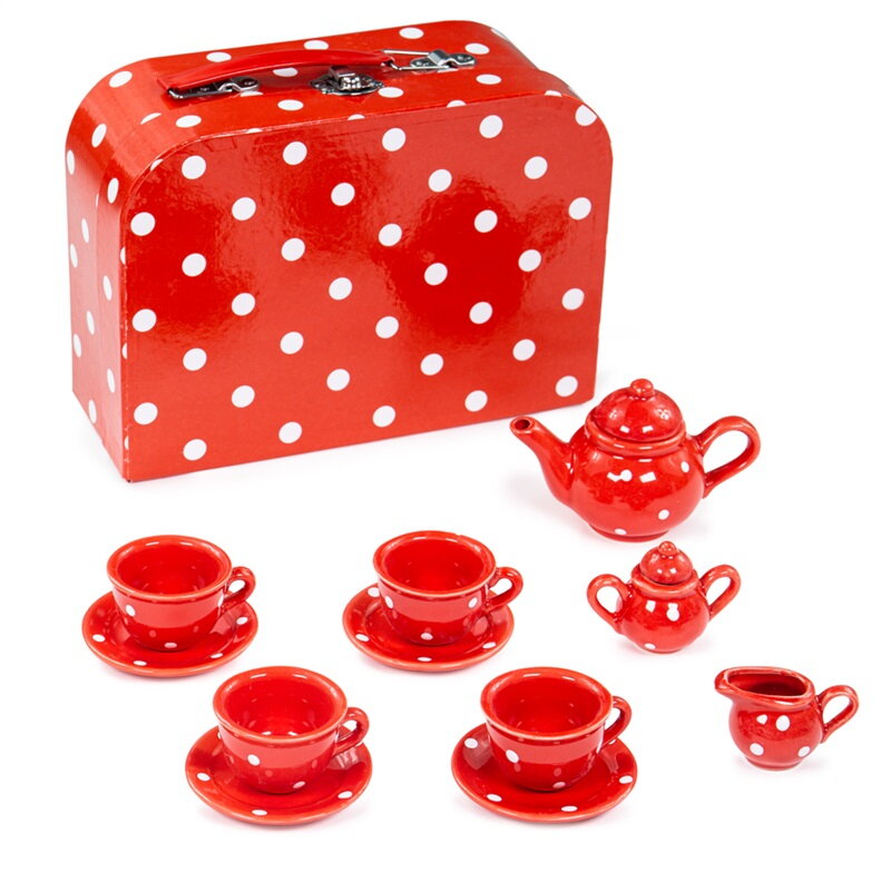 Bigjigs Toys Červený bodkovaný porcelánový čajový set
