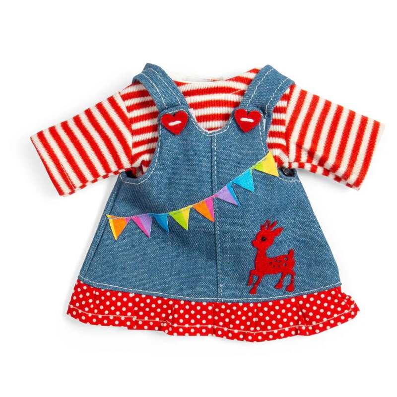 Bigjigs Toys Džínsové šaty s trakmi a pruhovaným tričkom pre bábiku 28 cm
