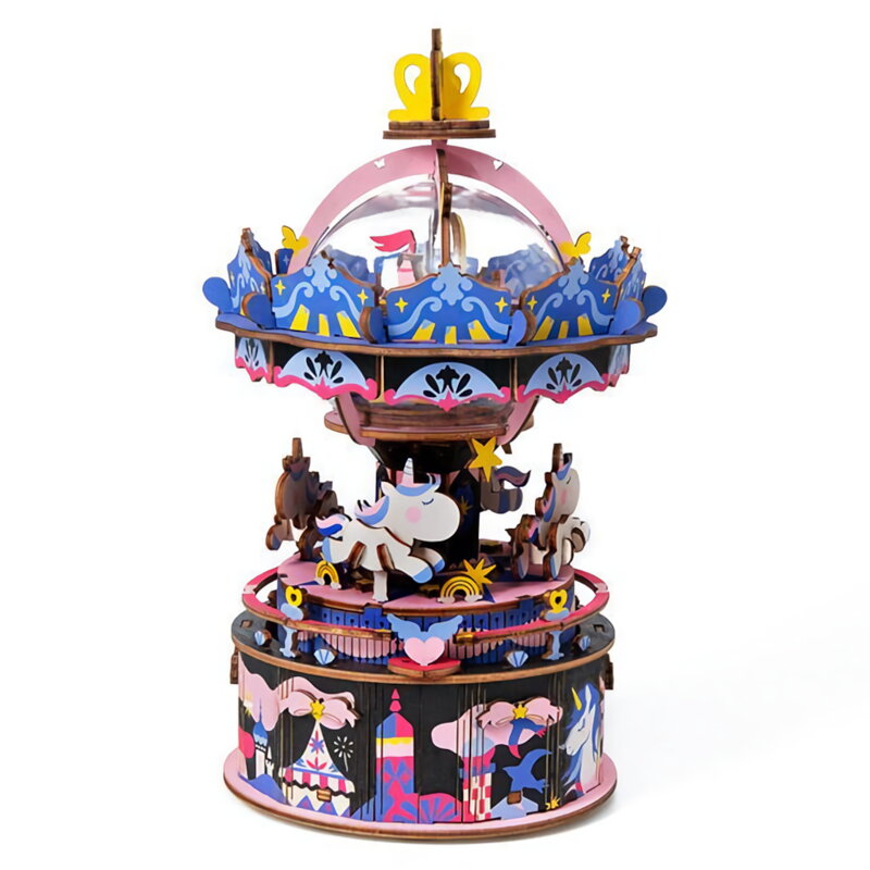 RoboTime Drevené 3D mechanické puzzle Hracia skrinka Veselý kolotoč 174 ks